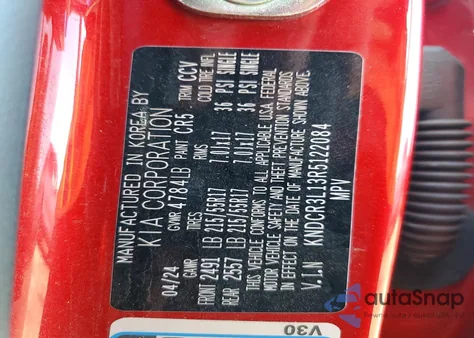 2024 Kia Niro Ev Wind из США, поврежденный, VIN KNDCR3L13R5122084